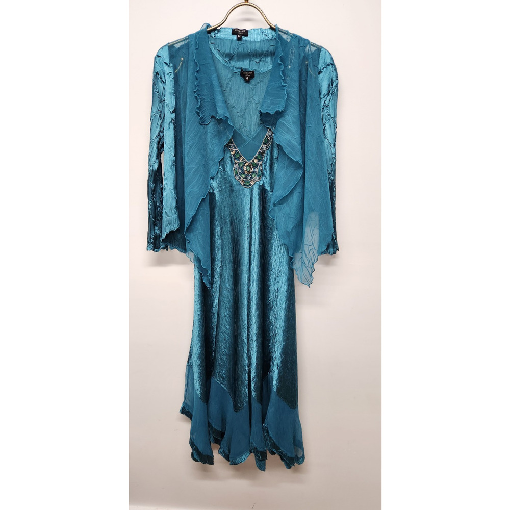 Komarov Women's 2 Piece Teal Chiffon Midi Dress With Matching Jacket, Size Med